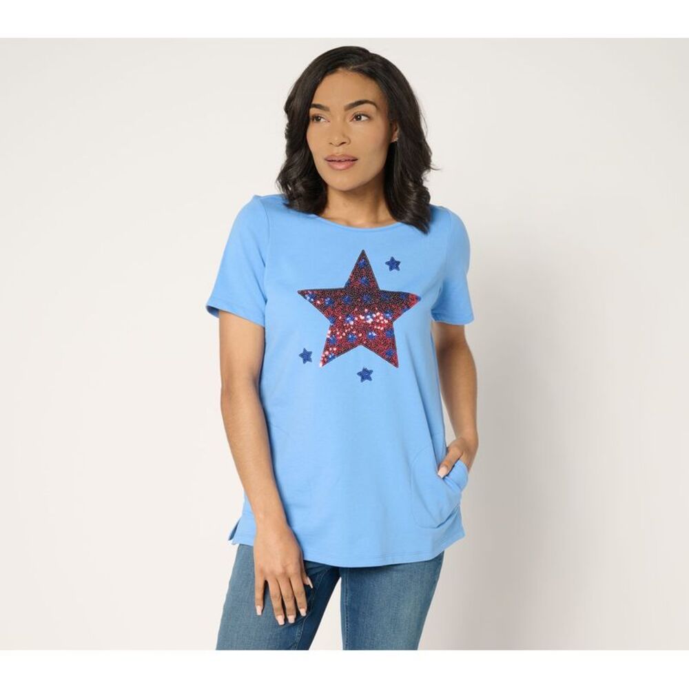 Quacker Factory Women's Top Sz S Star Spangled Short Sleeve French Blue A690389